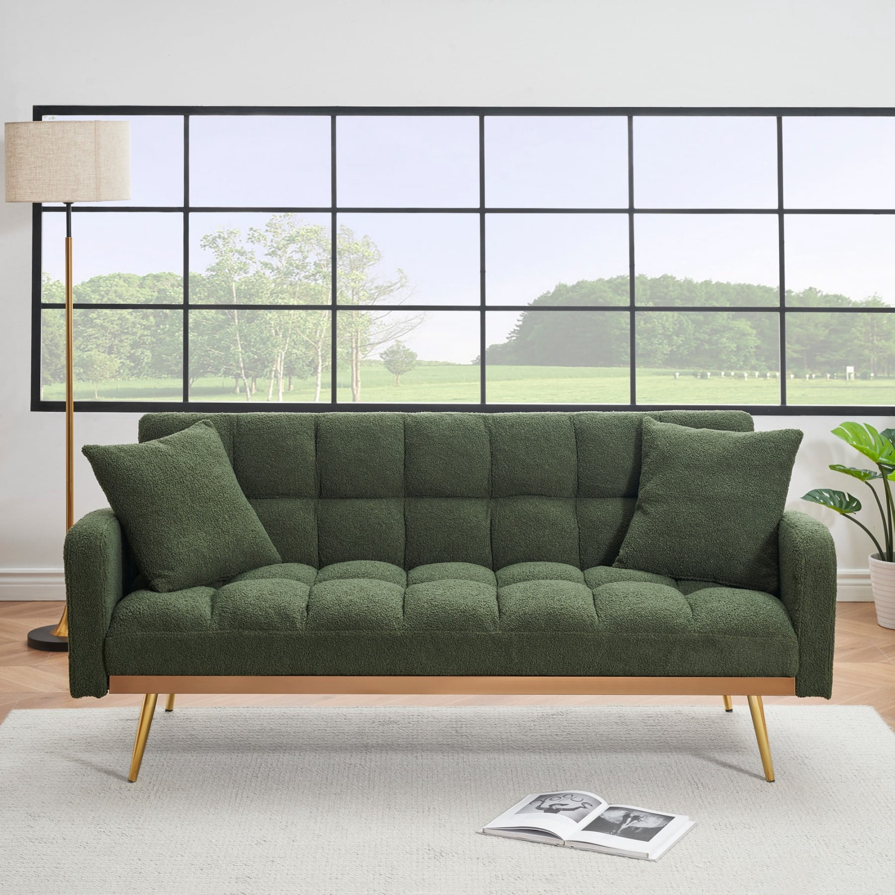 69" Sofa Bed, Adjustable Teddy Fabric Sleeper Sofa Couch with Removable Armrests for Living Room Bedroom, Green