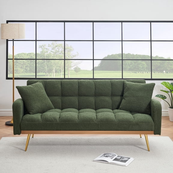 69" Sofa Bed, Adjustable Teddy Fabric Sleeper Sofa Couch with Removable Armrests for Living Room Bedroom, Green