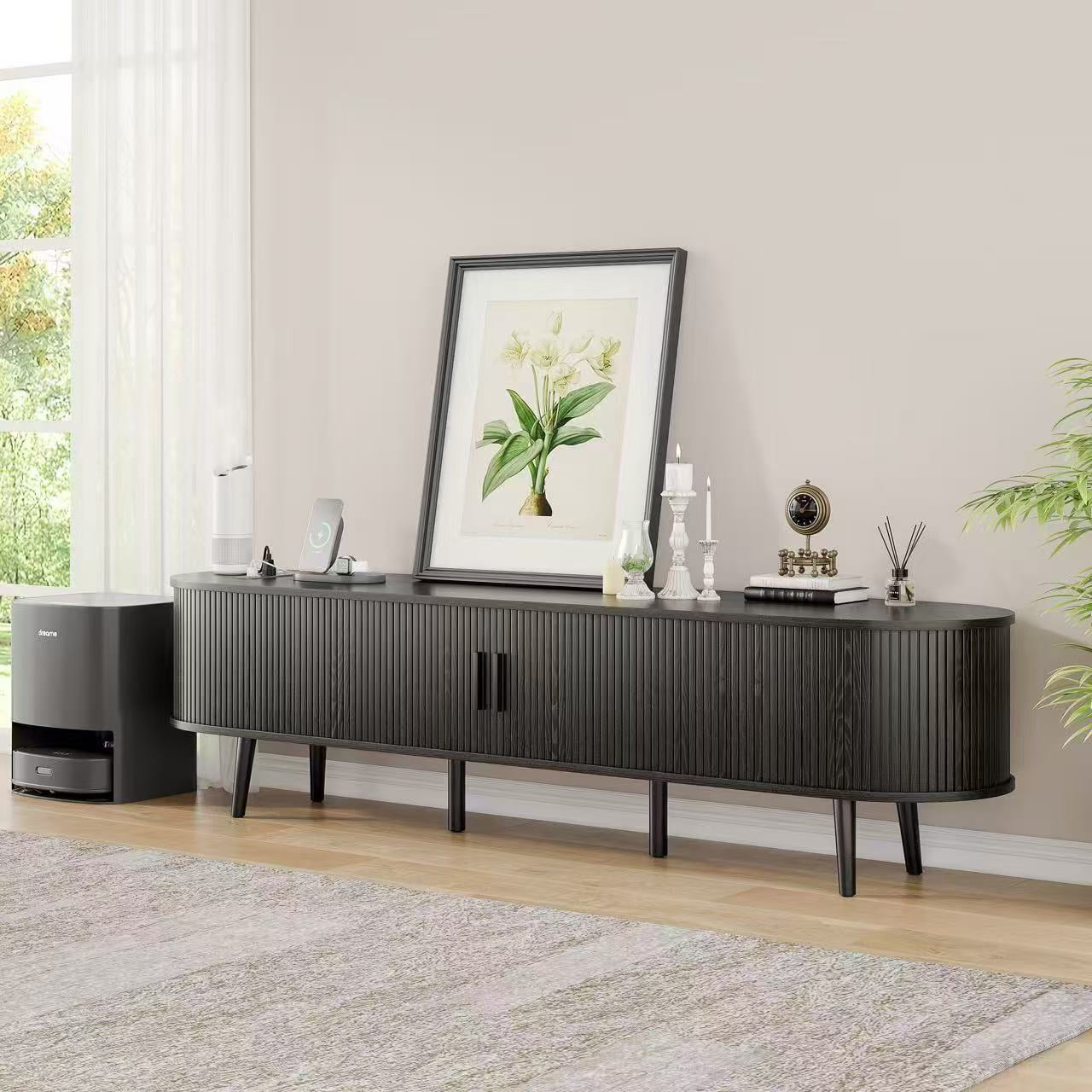 69" TV Stand with Charging Station and Drawers fit 65"- 75" TVs. Mid century Modern TV Stand, Wood Entertainment Center for Living Room and Bedroom, Media Console and Modern TV Console Table ,Black