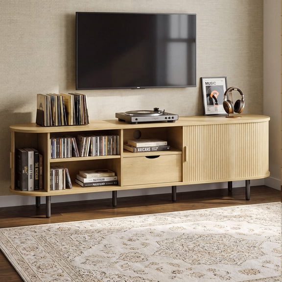 ROGALIS 69" TV Stand with Power Outlet for TVs up to 80", Mid-Century Modern Entertainment Center with Storage Cabinet, Drawer, Adjustable Shelves and Sliding Doors,For Living Room, Bedroom, Oak