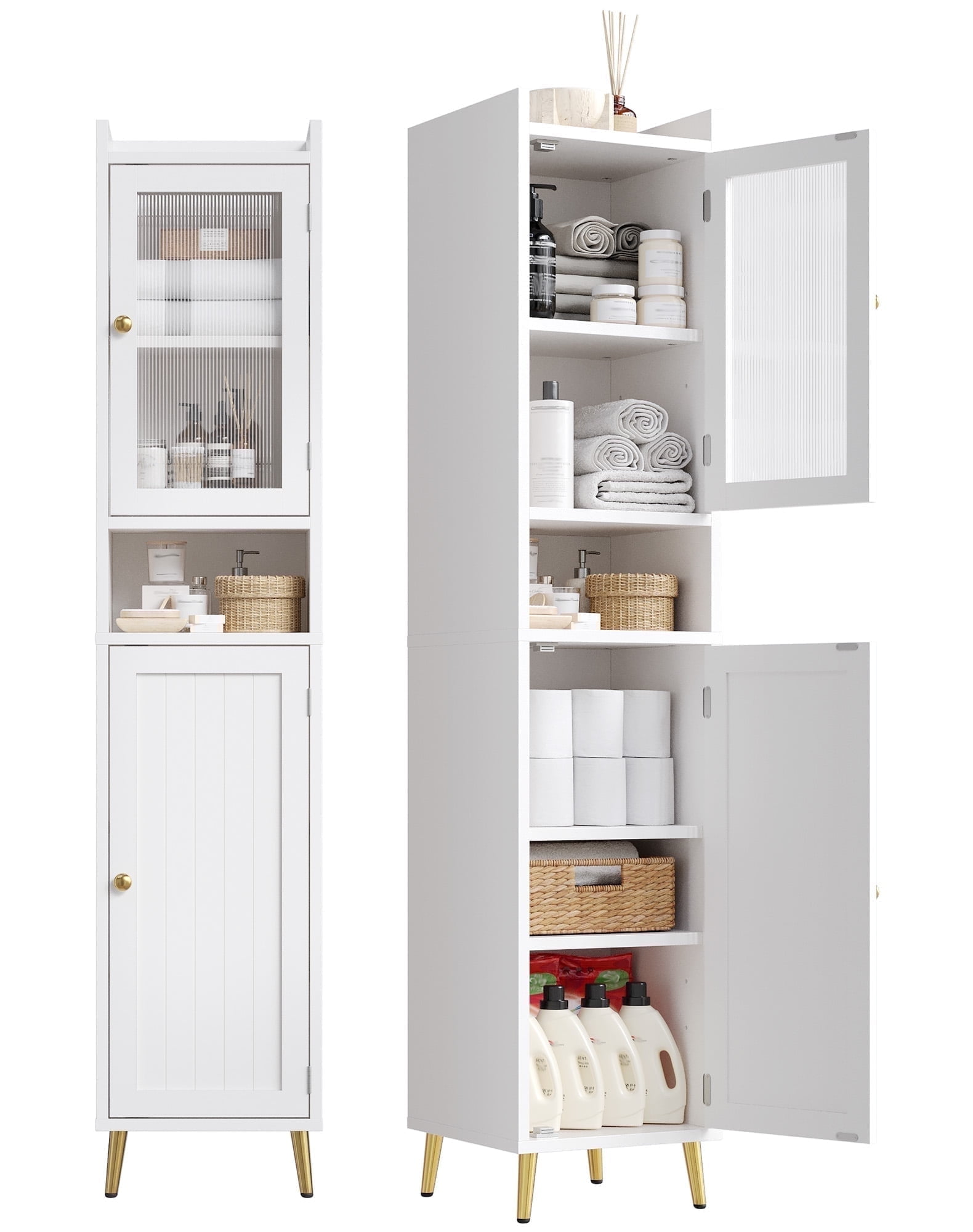 EnHomee 69" Tall Bathroom Storage Cabinet,Narrow Linen Cabinet with 2 Door and Adjustable Shelves​,White