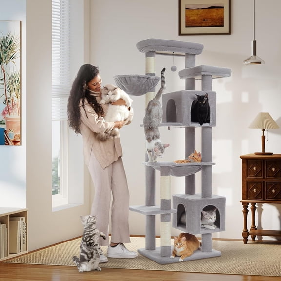 69" Tall Cat Tree for Indoor Large Cats, Cat Tower for Adult Cats with Big Hammock, Cat Climbing Tree Tower with Scratching Posts, Condo House and Large Top Perch, Grey