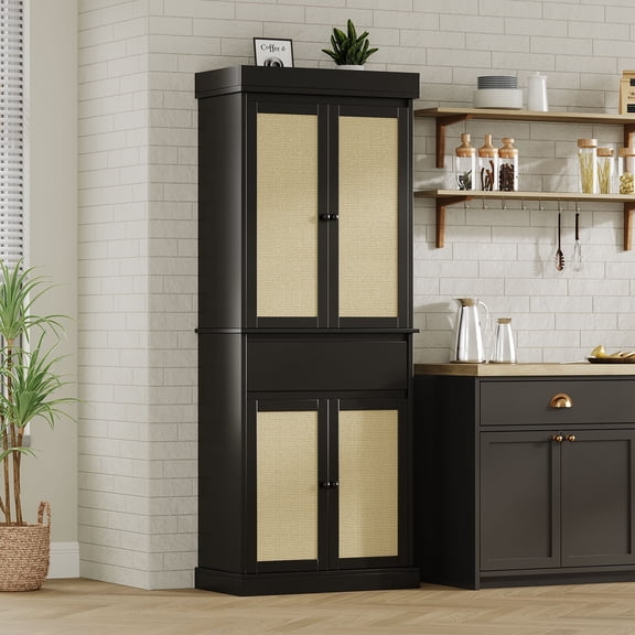 69" Tall Slim Kitchen Cabinet with 4 Rattan Doors | Farmhouse Cupboard Features Drawer & 2 Adjustable Shelves