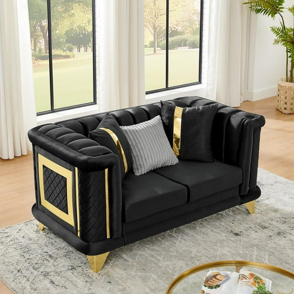 69'' Velvet Chesterfield Sofa, Modern Luxury Love Seat, Mid-Century Comfy Couch with Gold Furniture Legs, Deep seat, 3 Pillows, Upholstered Loveseat Couches for Living Room, Bedroom, Black