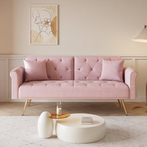 69" Velvet Small Tufted Couch with Gold Legs, Convertible Sleeper Sofa Bed with Nail Head Trim and Adjustable Backrest, Upholstered Loveseat for Bedroom, Office, Apartment, Pink