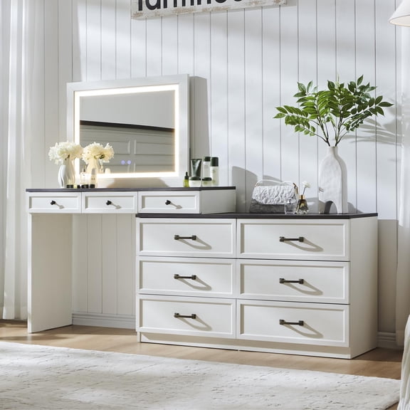 69" W Big Vanity Desk with Glass Top, Farmhouse Makeup Table with 9 Large Storage Drawers, Rustic Wood Bedroom Dressing Table w/3 Color Available Light & 30" HD Led Mirror, Antique White