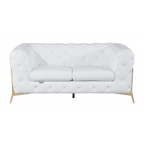 69" White All Over Tufted Italian and Gold Leather Love Seat