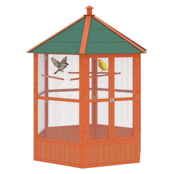 69" Wooden Bird Cage Outdoor Aviary, Hexagonal Flight Cage with Roof, Brown