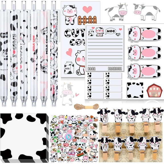 69 count Cute Sticky Notes Set, Cartoon Pen, Stickers, Paperclip, Sticky Memos to School for Gifts Students Office School Supplies Party Favors(Cow)