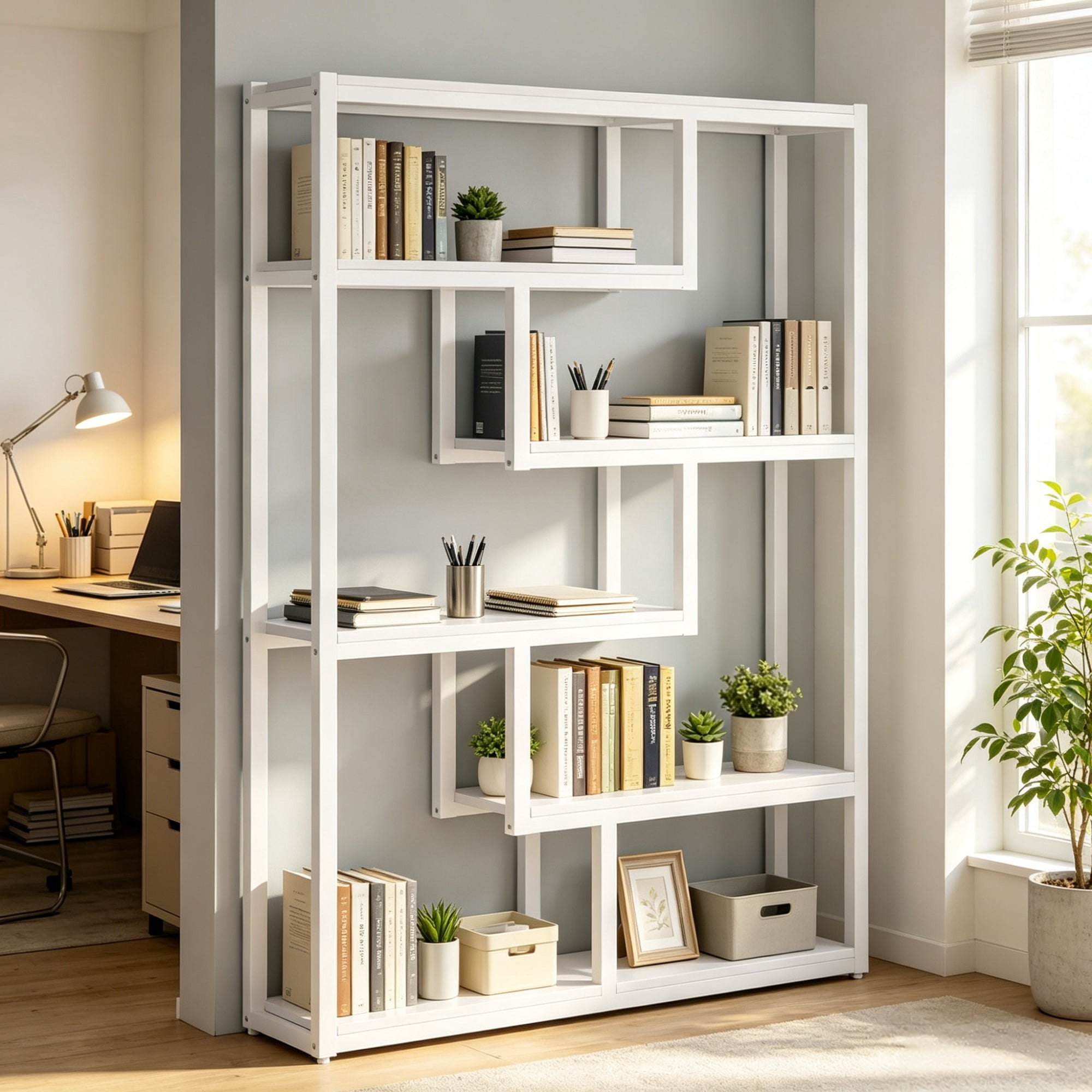 69 in Etagere Bookshelf, 5 Tier Bookcase with Stagge Shelves