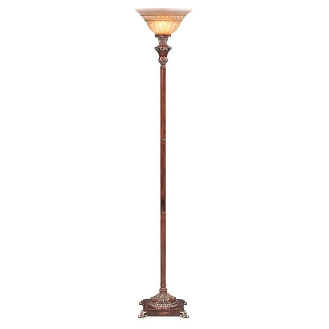 Elegant Faux Wood Torchiere Floor Lamp with Stained Glass Shade