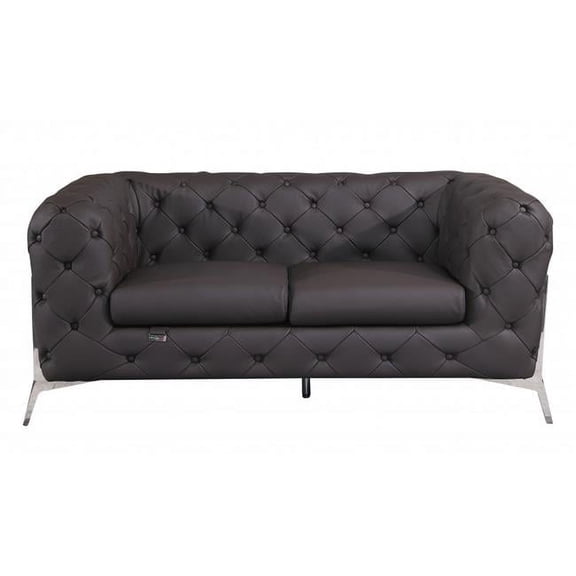 69 in. Tufted Italian Leather & Chrome Loveseat, Dark Brown