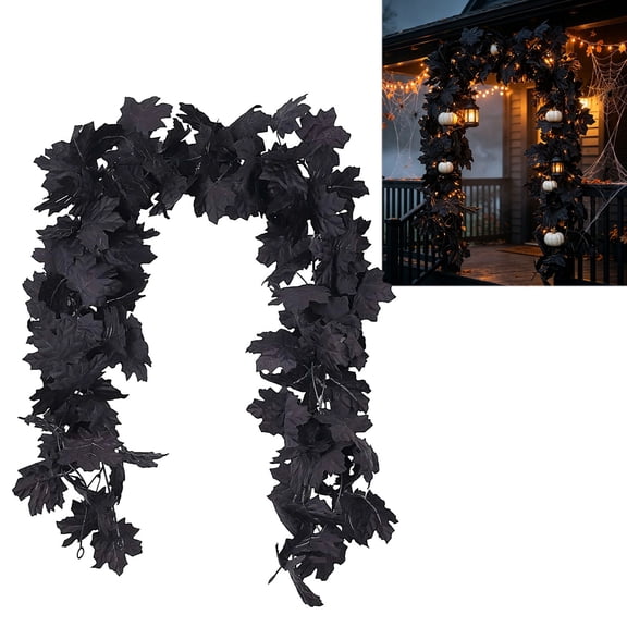 69 inch Artificial Black Maple Leaf Garland(without Light), Realistic Maple Leaf Vine Fall Hanging Decor, Flexible Foliage Strand for Halloween Mantel Table Centerpiece Wall Window Indoor Outdoor