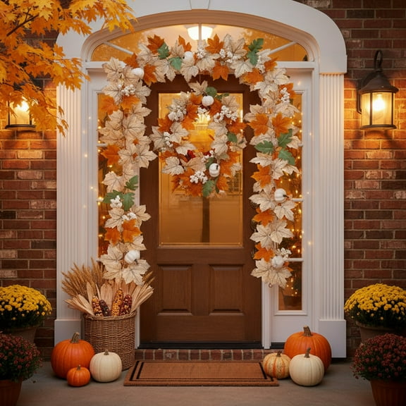 69-inch Artificial Fall Garland, Maple Leaf Pumpkin Vine for Thanksgiving Halloween Decor, Faux Rattan Swag for Mantel Doorway(A)
