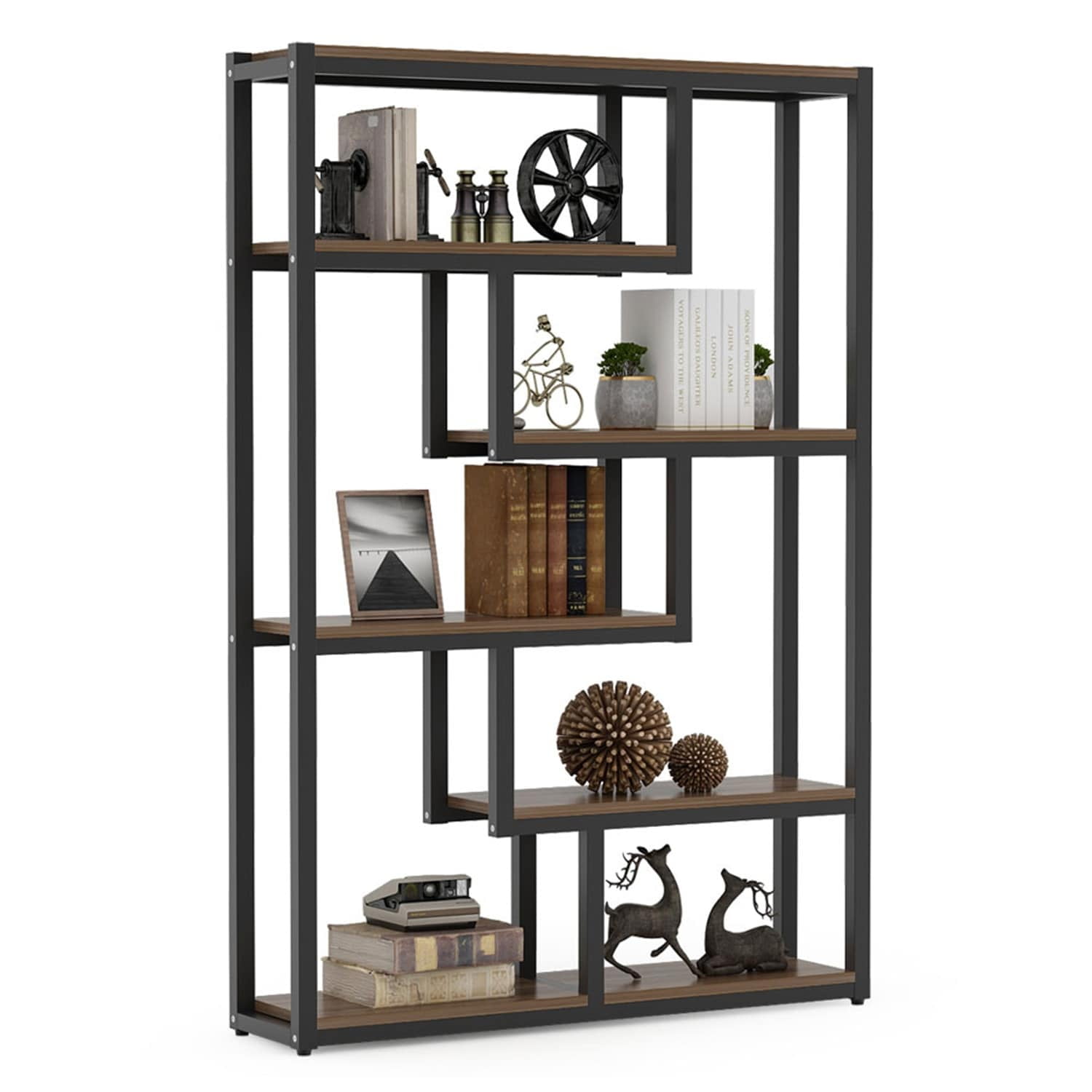 69" Walnut and Black Industrial 6-Tier Bookshelf with Staggered Shelves