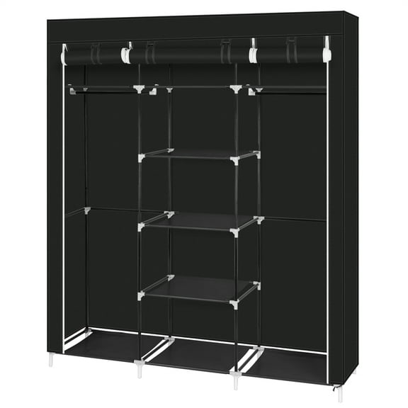 69-inch portable wardrobe, non-woven wardrobe, double-pole storage rack, dustproof, easy to assemble, spacious, simple and elegant, black
