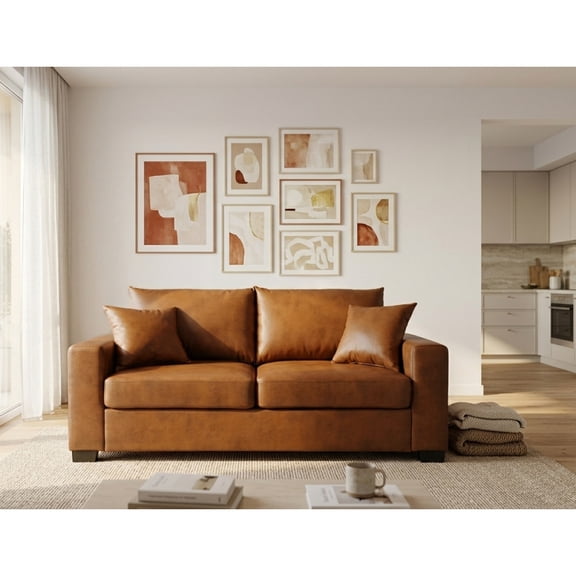 This 69-inch two-seater sofa features a Foil fabric and comes with two throw pillows, offering a comfortable seating experience suitable for any setting,Light Brown