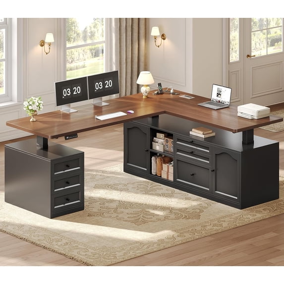 69" x 55" Farmhouse L Shaped Electric Standing Desk with 6 Drawers and Storage Shelves, Height Adjustable Computer Desk for Home Office