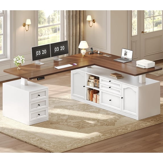 69" x 55" Farmhouse L Shaped Electric Standing Desk with 6 Drawers and Storage Shelves, Height Adjustable Computer Desk for Home Office