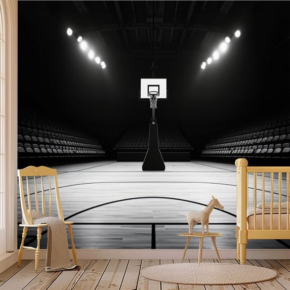 69"x98" Wall Mural Peel and Stick Wallpaper Black White Basketball Court Empty Wooden Floor Spotlights Wall Decor Self Adhesive Removable Wall Stickers for Bedroom Living Room