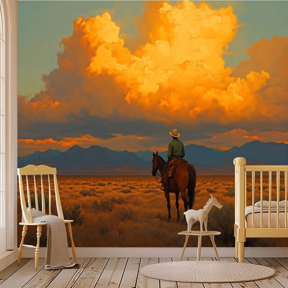 69"x98" Wall Mural Peel and Stick Wallpaper Cowboy Horseback Desert Landscape Majestic Clouds Wall Decor Self Adhesive Removable Wall Stickers for Bedroom Living Room