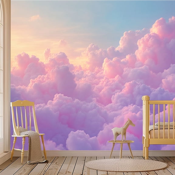 69"x98" Wall Mural Peel and Stick Wallpaper Dreamy Pink Blue Cotton Candy Clouds Sunset Sky Wall Decor Self Adhesive Removable Wall Stickers for Bedroom Living Room