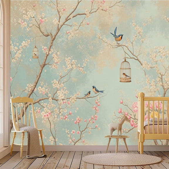 69"x98" Wall Mural Peel and Stick Wallpaper Floral Bird Branch Blossoms Vintage Wall Decor Self Adhesive Removable Wall Stickers for Bedroom Living Room