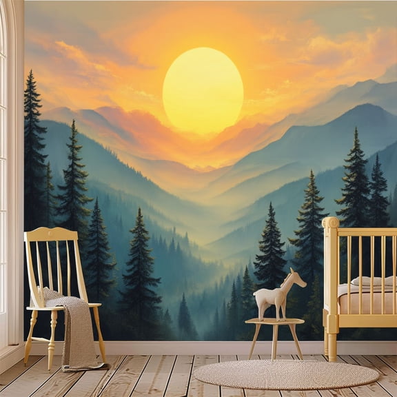 69"x98" Wall Mural Peel and Stick Wallpaper Majestic Mountain Sunset Dense Pine Wall Decor Self Adhesive Removable Wall Stickers for Bedroom Living Room