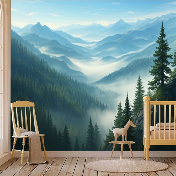 69"x98" Wall Mural Peel and Stick Wallpaper Misty Mountain Forest Landscape Pine Trees Blue Sky Wall Decor Self Adhesive Removable Wall Stickers for Bedroom Living Room