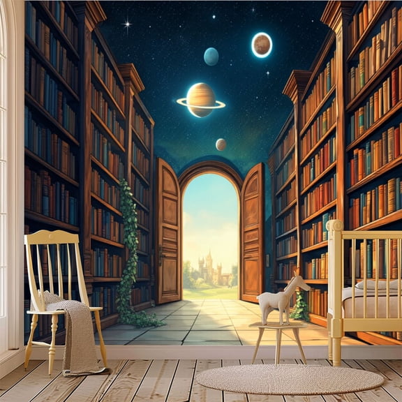 69"x98" Wall Mural Peel and Stick Wallpaper Mysterious Bookshelf Galaxy Space Fantasy Landscape Vintage Wall Decor Self Adhesive Removable Wall Stickers for Bedroom Living Room