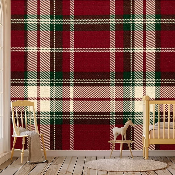 69"x98" Wall Mural Peel and Stick Wallpaper Red Green Plaid Checkered White Accents Wall Decor Self Adhesive Removable Wall Stickers for Bedroom Living Room