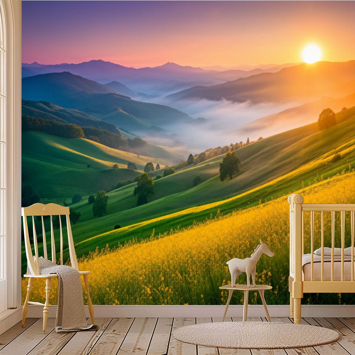 69"x98" Wall Mural Peel and Stick Wallpaper Serene Mountain Valley Sunrise Misty Hills Vibrant Wall Decor Self Adhesive Removable Wall Stickers for Bedroom Living Room