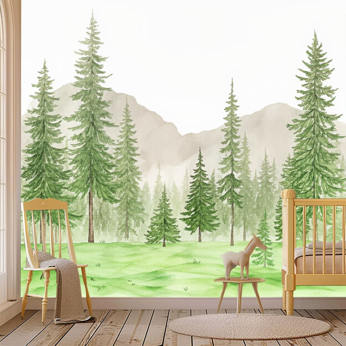 69"x98" Wall Mural Peel and Stick Wallpaper Watercolor Forest Tall Pine ...