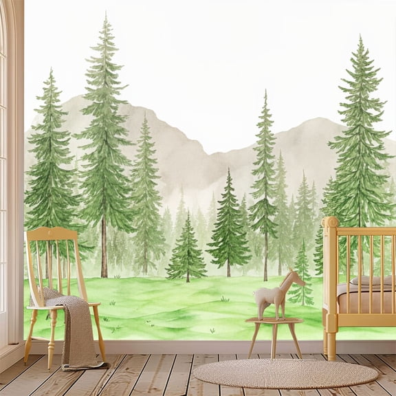 69"x98" Wall Mural Peel and Stick Wallpaper Watercolor Forest Tall Pine Trees Wall Decor Self Adhesive Removable Wall Stickers for Bedroom Living Room