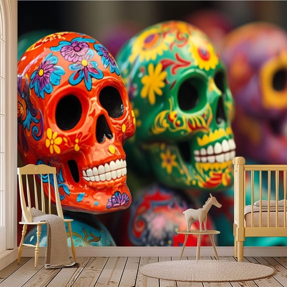 69"x98" Wall Mural Peel and Stick Wallpaper Decorated colorful skulls market Wall Decor Self Adhesive Removable Wall Stickers for Bedroom Living Room