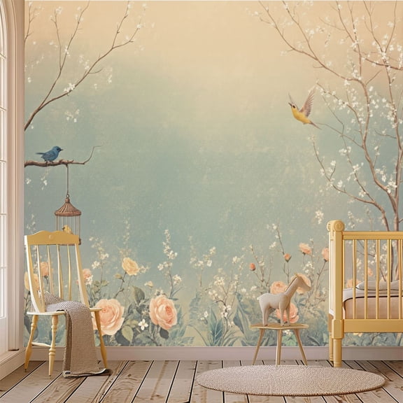 69"x98" Wall Mural Peel and Stick Wallpaper Spring Blossom Birds Roses Soft Wall Decor Self Adhesive Removable Wall Stickers for Bedroom Living Room