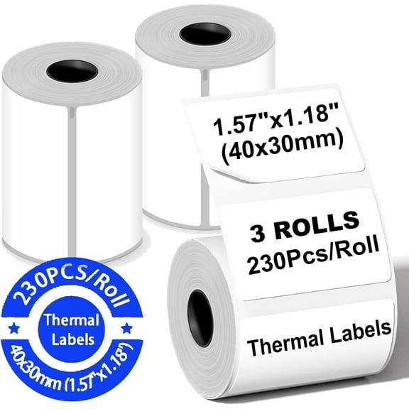690 count Thermal Printer Paper, 3 Rolls Label Stickers, 1.57''x1.18''(40x30mm) Thermal Paper Rolls Tape Refill for Label Printer T50M Pro, PL70E, N20, M110, Name Labels for /School, Black  White