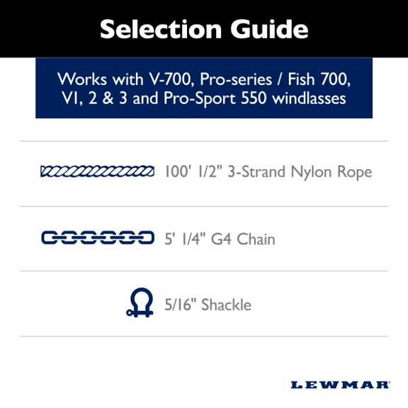 Lewmar Boat Anchor Rode for Windlasses - 5' 1/4" G4 Chain, 100' 1/2" Rope with 5/16" Shackle, High-Test-Rated Galvanized Links, Hand-Sewn Whipping