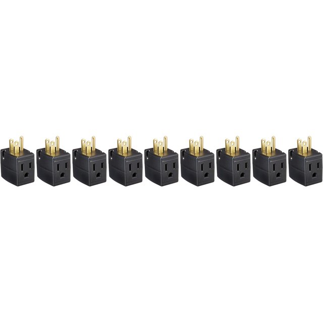 692E 15 Amp, 125V, Triple Cube Grounding Adapter, 10 Pack, Black