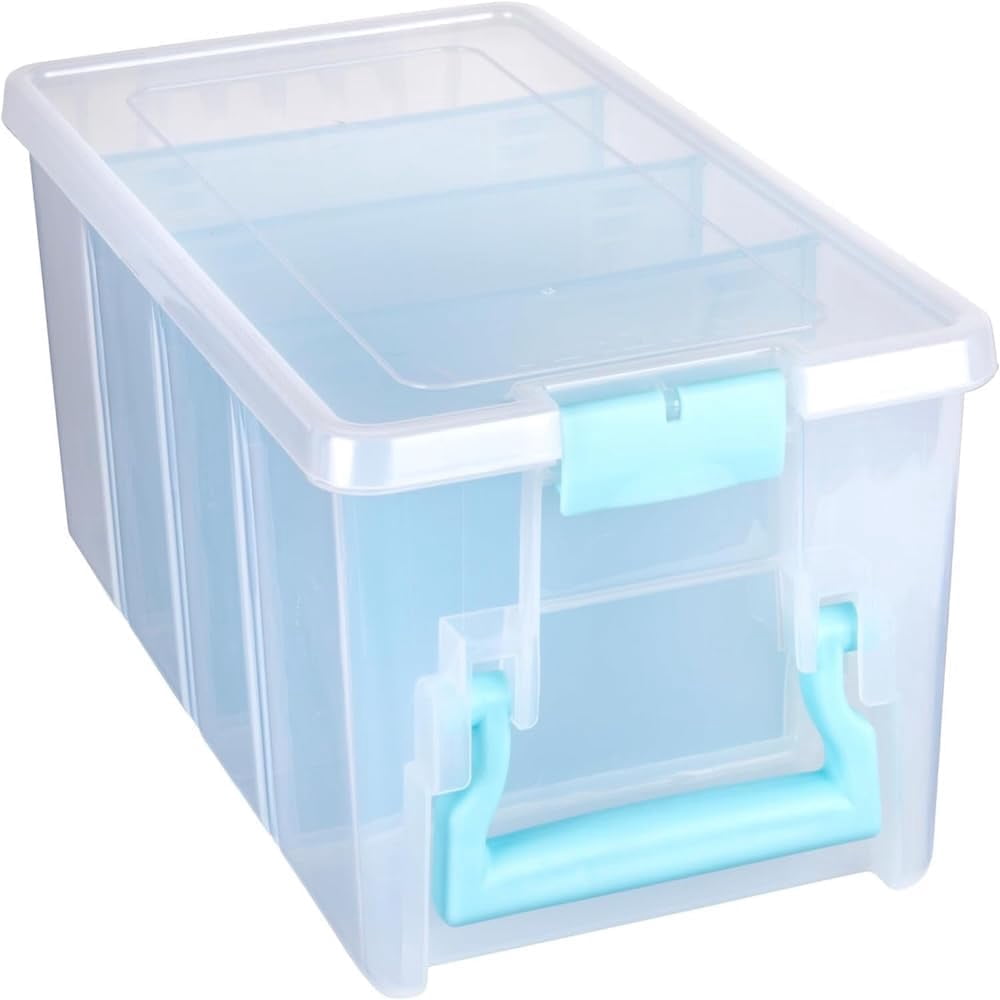 ArtBin 6925AA Semi Satchel with Removable Dividers, Portable Art & Craft Organizer Handle, [1] Plastic Storage Case, Clear Aqua Accents