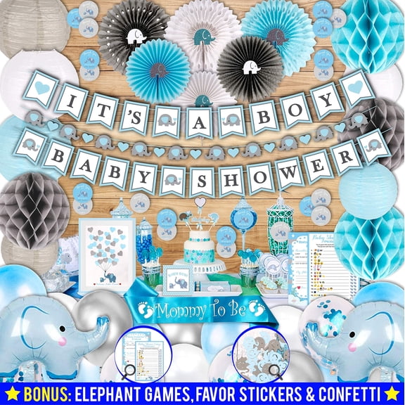 697 Piece Blue Elephant Baby Shower Decorations for Boy Kit - It's a BOY Pre-Strung Banners, Garland Guestbook Mommy to Be Sash Balloons Cake Toppers Fans Lantern Napkins Straws Games
