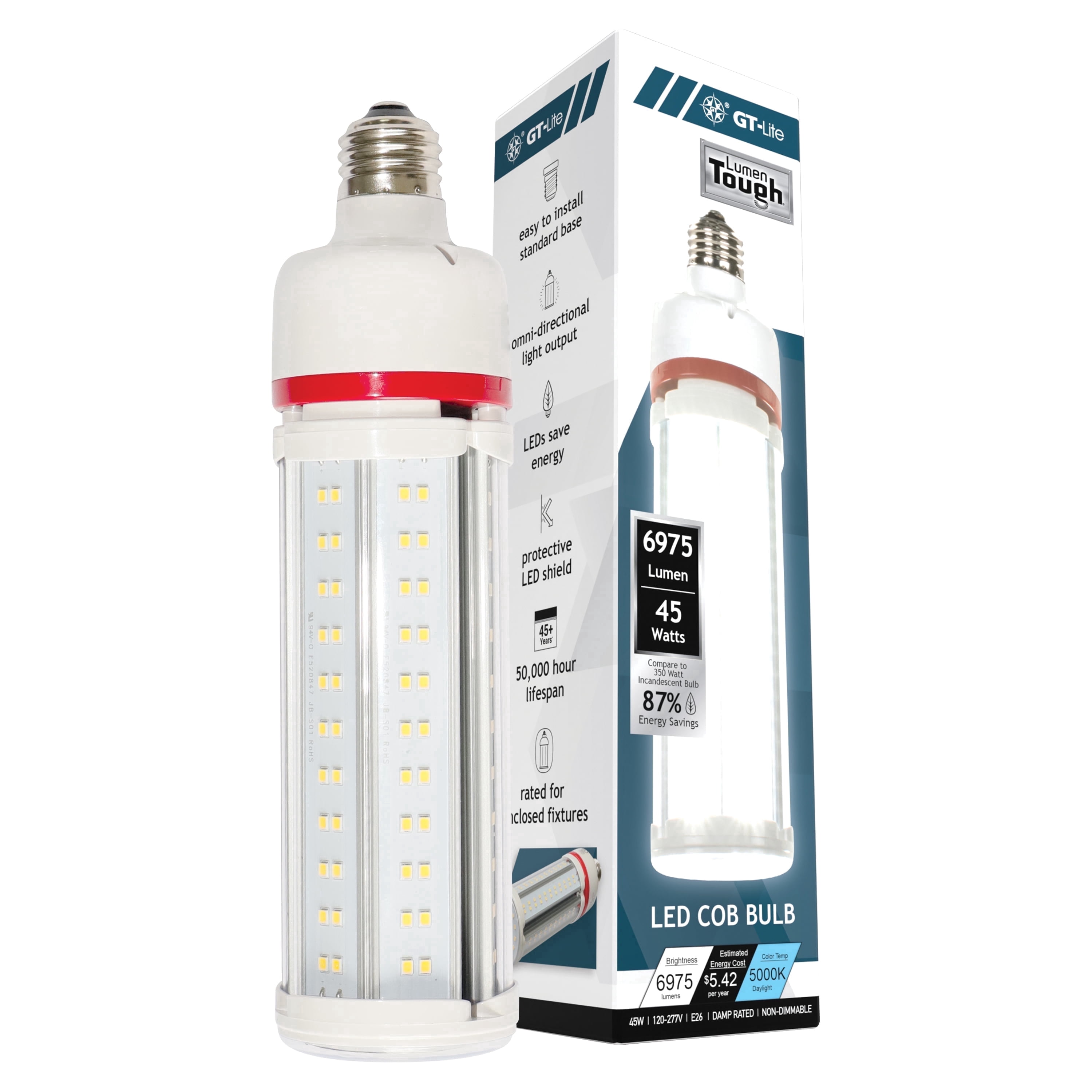 6975 Lumen, Damp Rated LED Corn Cob Bulb, 45-Watt, 350-Watt Equivalent, 5000K Daylight, E26