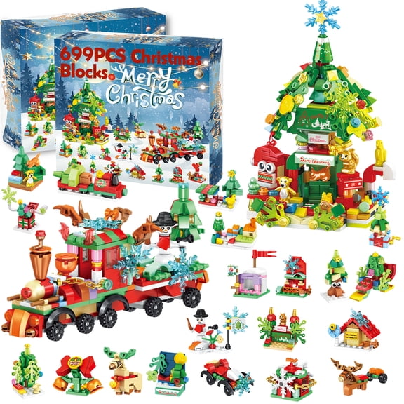 699 Pieces Christmas Building Toy Set, Christmas Building Block for Kids, Train Reindeer for Home