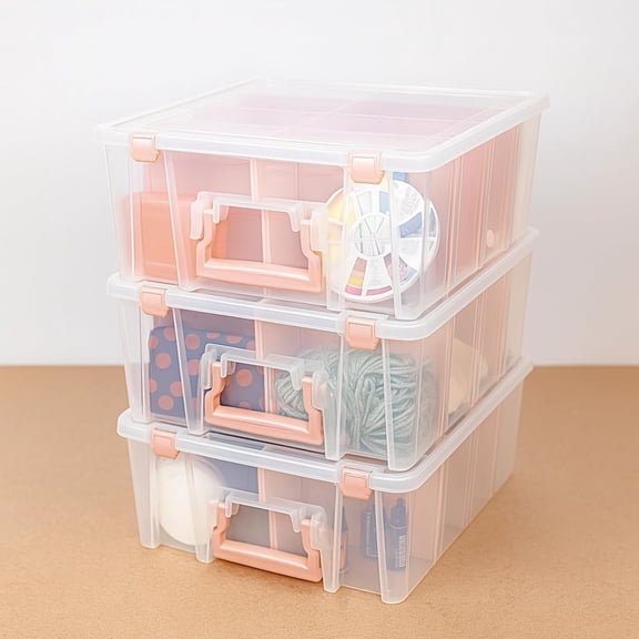 6990RK-AMZ Super Satchel Double Deep Compartment Box - Art Storage with 8 Removable Compartments, Smart Closure for Craft Supplies (Rose Gold - Pack of 3)