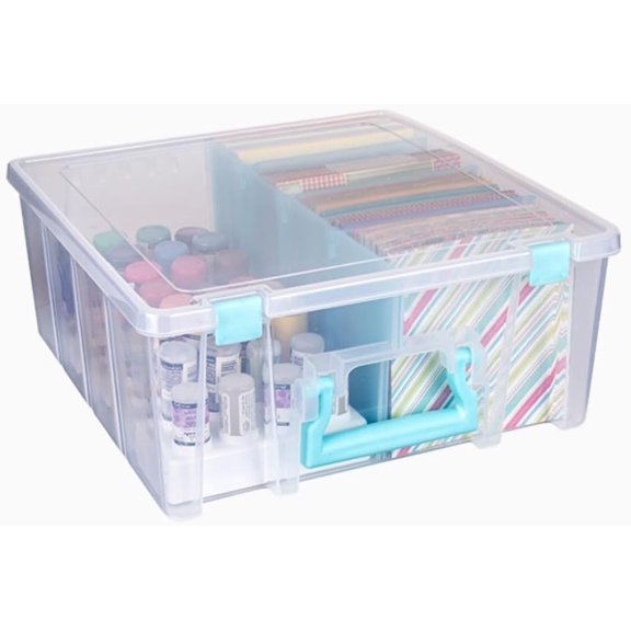 6990SA Super Satchel Double Deep Compartment Box - Art Storage with 8 Removable Compartments, Smart Closure for Craft Supplies (Clear & Aqua- Pack of 1)