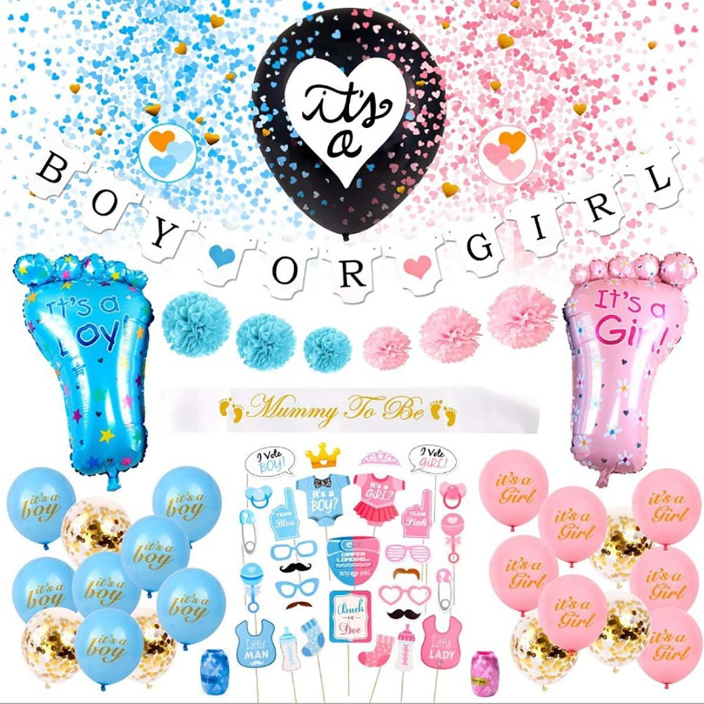 69PCS Baby Gender Reveal Party Supplies Kit Black Balloon Pink Blue Confetti Boy or Girl Banner