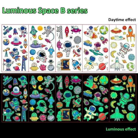 69PCS Luminous Tattoos for Kids, Space Temporary Tattoo Stickers, Glow in The Dark Tattoos for Boys and Girls, Space Fake Tattoos More Party Makeup Gifts 5 Sheets