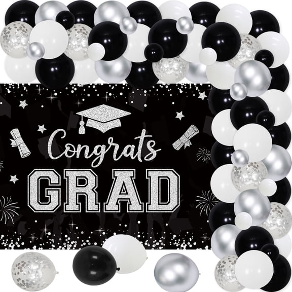 69Pcs 2024 Silver Black Graduation Party Decoration, Silver Black Graduation Theme Backdrop Balloon Chain Set, Black White Metallic Silver and Silver Confetti Latex Balloons for Graduation Party Decor