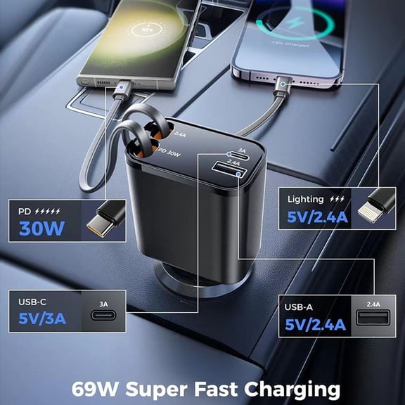 69W Retractable Car Charger, USB-C Fast Charging Adapter, Universal 12V-24V Vehicle Cigarette Lighter Plug, Compatible with iPhone 17 Pro Max Samsung Galaxy, Compact Automotive Accessory - black