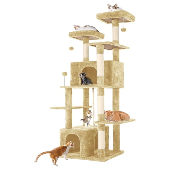 69in Large Tower for Indoor Cats with Soft Plush Hang Ball, Two Condos, Sisal Scratch Posts & Rope Play for Kittens/Adult Cats, Beige